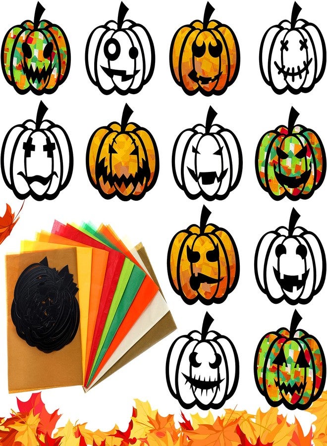 Nezyo 12 Pieces Halloween Suncatcher Craft for Kids Halloween Window Art Fall Pumpkin Suncatcher Craft with 9 Color 18 PiecesTissue Paper for Halloween Thanksgiving Craft DIY Fall Party Favor - Image 1