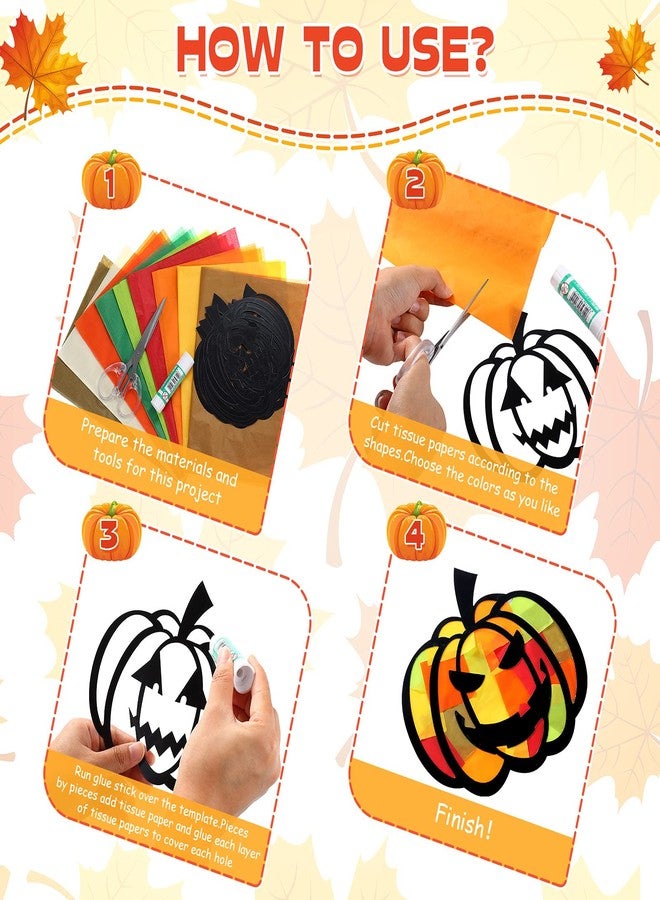 Nezyo 12 Pieces Halloween Suncatcher Craft for Kids Halloween Window Art Fall Pumpkin Suncatcher Craft with 9 Color 18 PiecesTissue Paper for Halloween Thanksgiving Craft DIY Fall Party Favor - Image 4
