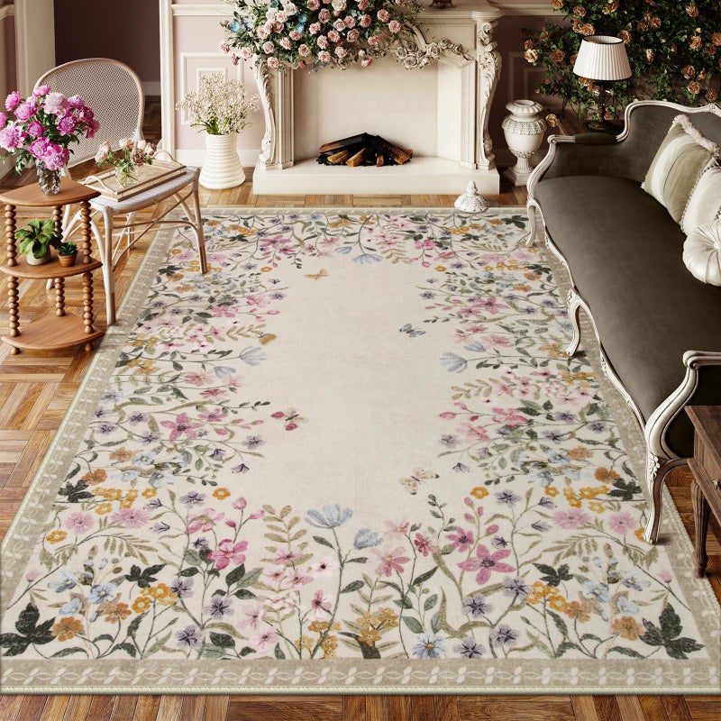Wonnitar Washable 8x10 Rug, Non-Slip Soft Floral Rugs for Living Room, Ultra-Thin Large Bedroom Rug, Botanical Area Rug Floor Carpet for Dining Table (Beige,8'x10') - Image 1