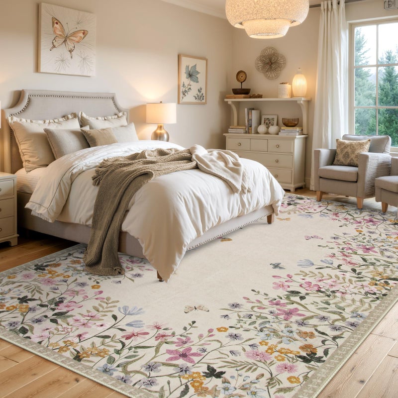 Wonnitar Washable 8x10 Rug, Non-Slip Soft Floral Rugs for Living Room, Ultra-Thin Large Bedroom Rug, Botanical Area Rug Floor Carpet for Dining Table (Beige,8'x10') - Image 2
