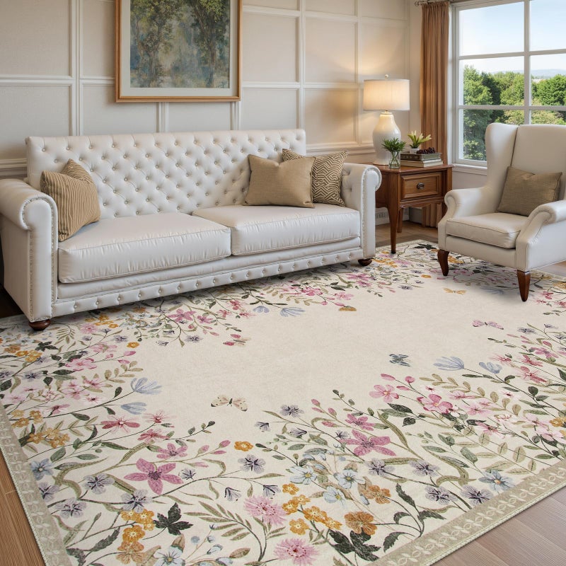 Wonnitar Washable 8x10 Rug, Non-Slip Soft Floral Rugs for Living Room, Ultra-Thin Large Bedroom Rug, Botanical Area Rug Floor Carpet for Dining Table (Beige,8'x10') - Image 5