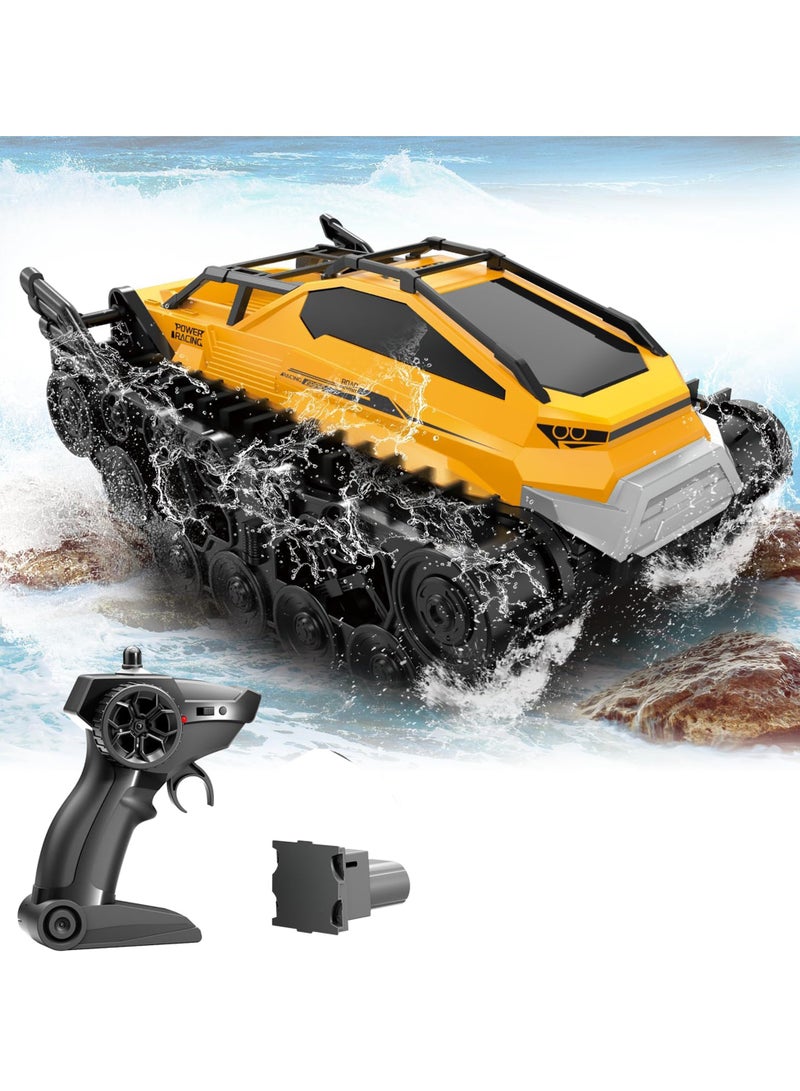 Taizz Ventures Amphibious Remote Control Car, Waterproof 4WD RC Monster Truck 2.4Ghz All-Terrain Off-Road Boat Car, 360° Rotating Tank Crawler Toys for Kids Boys Girls Age 6 7 8 9 10 11 12 Birthday Gifts, Yellow - Image 1