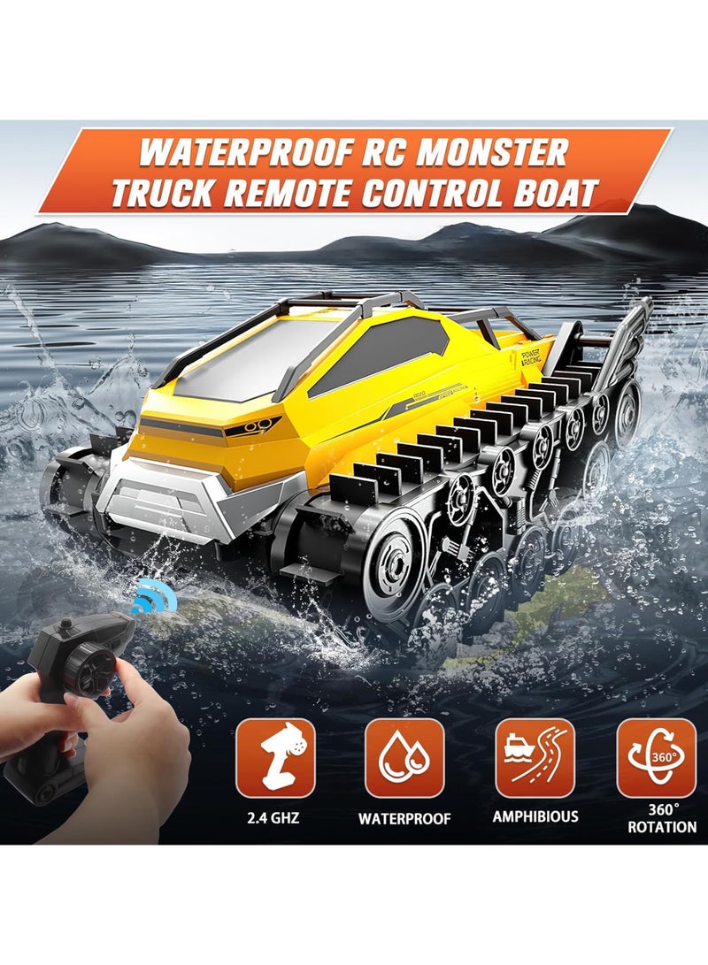 Taizz Ventures Amphibious Remote Control Car, Waterproof 4WD RC Monster Truck 2.4Ghz All-Terrain Off-Road Boat Car, 360° Rotating Tank Crawler Toys for Kids Boys Girls Age 6 7 8 9 10 11 12 Birthday Gifts, Yellow - Image 2