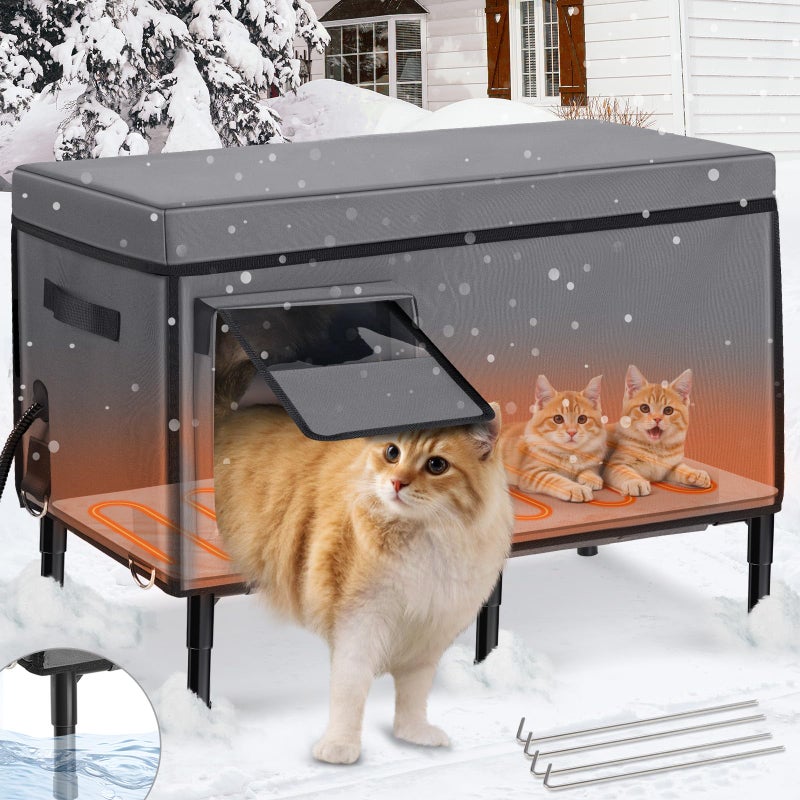 Gimars Upgrade Large Heated Cat House for Outside Winter, with Heating Pad Outdoor Cat House Waterproof, 5.1" Elevated Stray Cat Shelter, Foil Insulate Heated Cat Bed Outdoor for Barn Feral Cat - Image 1