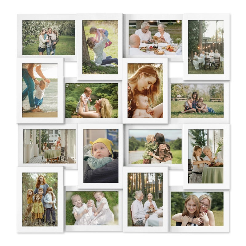 J.M.Deco Collage Picture Frames for Wall 16 Opening, Large Photo Frame Collage Wall Hanging for 4x6 Photo, Reunion Friends Family Memory - Pure White - Image 1