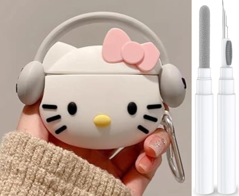 EMOH ROCED متوافق مع حافظة AirPods 4 لعام 2024 مع مجموعة تنظيف، كرتون كاواي لحافظة AirPods الجيل الرابع، حافظة سيليكون لـ Apple Airpods 4 مع سلسلة مفاتيح للنساء والفتيات (أبيض كيتي) - Image 1