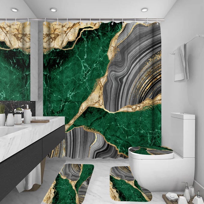 4PCS MARBLE SHOWER CURTAIN SETS BATHROOM DECOR SETS LUXURY SHOWER CURTAIN WITH 12 HOOKS BATH MAT TOILET LID RUG AND NONSLIP U SHAPE MAT ACCESSORIES MARBLE PRINT 72 X 72 INCH GREEN