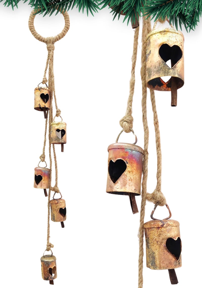 HIGHBIX Shabby Chic Hanging Bells Cluster – Rustic Handmade Metal Bell Décor for Wall, Door, Garden, or Festive Decoration (1, Heart Cut Cylinder) - Image 1