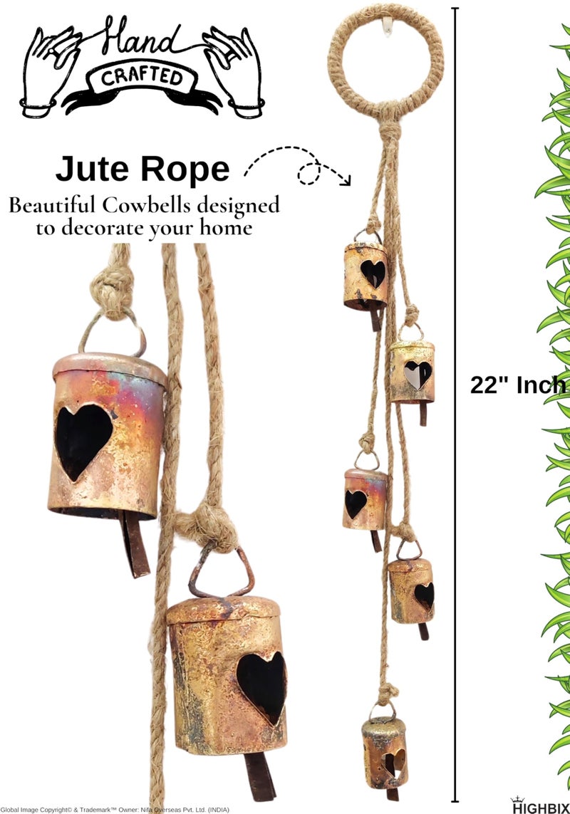 HIGHBIX Shabby Chic Hanging Bells Cluster – Rustic Handmade Metal Bell Décor for Wall, Door, Garden, or Festive Decoration (1, Heart Cut Cylinder) - Image 2
