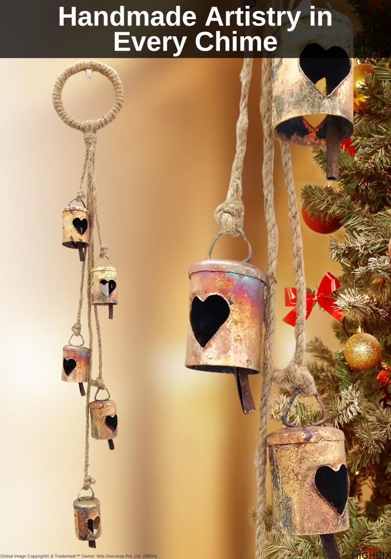 HIGHBIX Shabby Chic Hanging Bells Cluster – Rustic Handmade Metal Bell Décor for Wall, Door, Garden, or Festive Decoration (1, Heart Cut Cylinder) - Image 3
