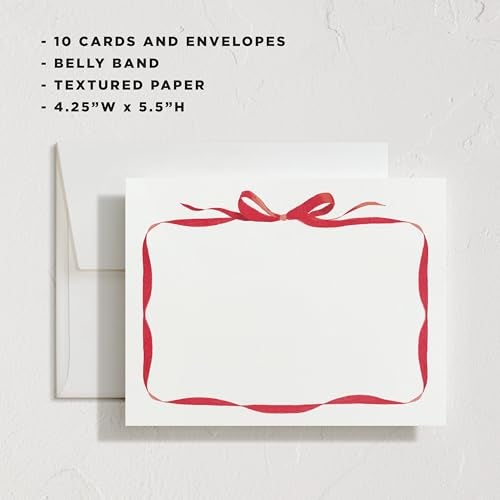 Minted Bow Stationery Cards, 10 Count, Blank Cards and Envelopes For Thank You Notes, Holiday Greeting, Invitations & Handwritten Messages, Note Cards & Stationery Set, Gifts for Women, Red Bow Theme - Image 3