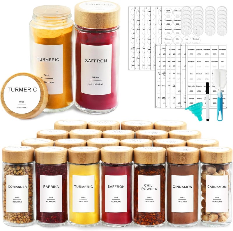 AISIPRIN Glass Spice Jars with 398 Labels-4oz 24 Pcs,Round Seasoning Jars with Bamboo Airtight Lids,Spice Container Set -Shaker Lids, Funnel,Brush and Marker Included - Image 1