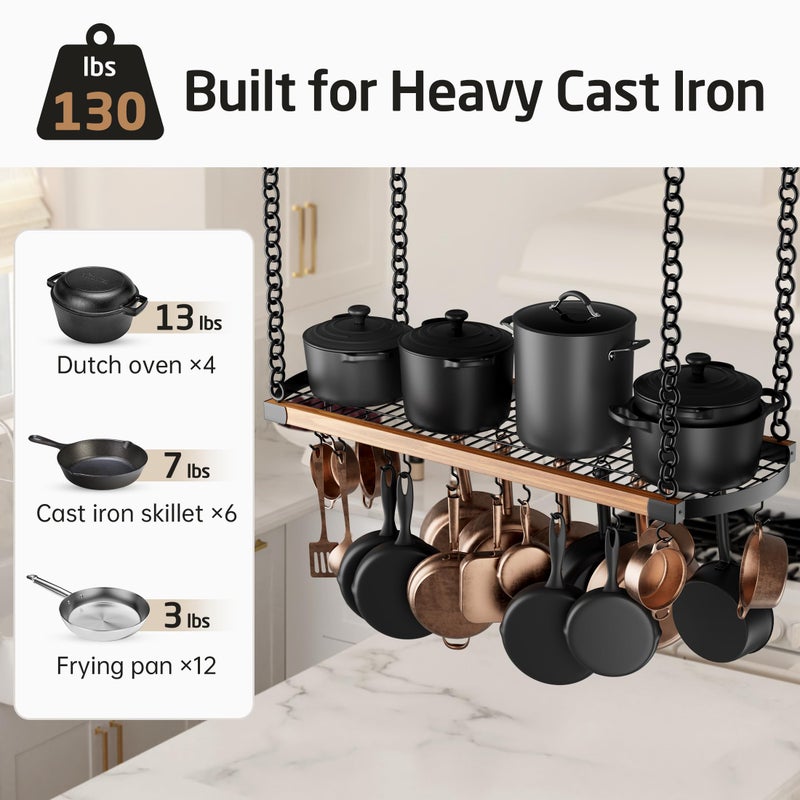KES 48 Inch Large Hanging Pot Rack Ceiling Mount with 130lb High-Capacity, Ceiling Pot and Pan Hanging Rack with 20 Hooks, Heavy Duty Pot Hangers for Kitchen, Matte Black, KUR530S122-BK - Image 4