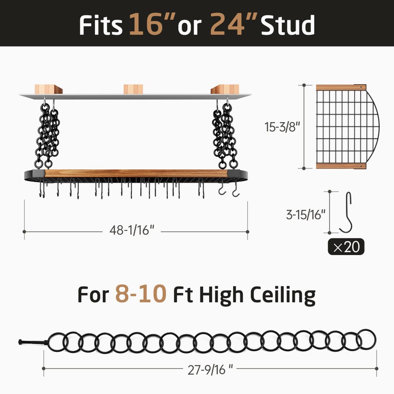 KES 48 Inch Large Hanging Pot Rack Ceiling Mount with 130lb High-Capacity, Ceiling Pot and Pan Hanging Rack with 20 Hooks, Heavy Duty Pot Hangers for Kitchen, Matte Black, KUR530S122-BK - Image 5
