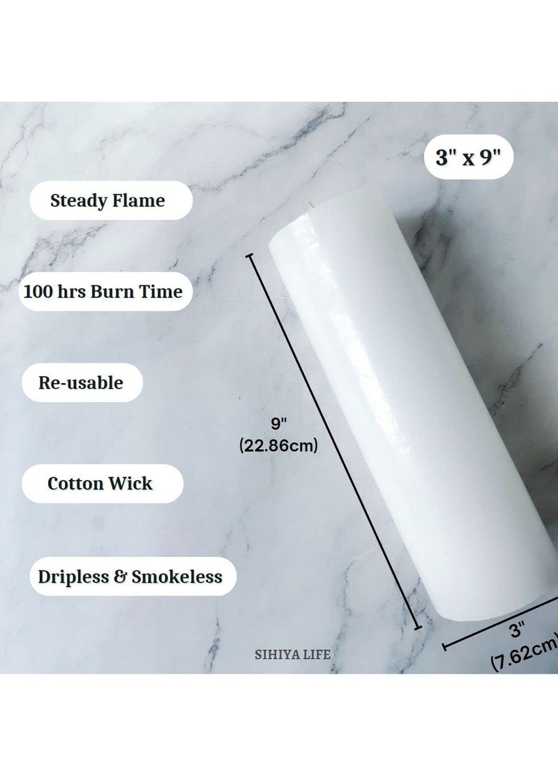 SIHIYA LIFE Set of 2 White Pillar Candles| 3 x 9 inch | Unscented & Dripless Candles for Decor, Events, Restaurants | Natural Wax with Cotton Wicks | 135 hrs/candle Burn Time  - Image 3