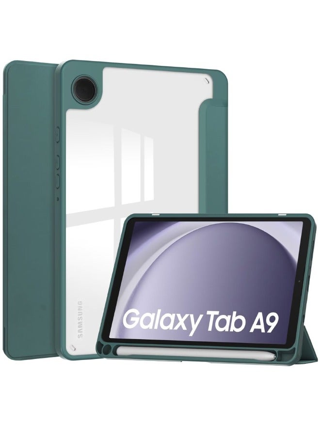Samsung Galaxy Tab A9 Case, Galaxy Tab A9 Cover with Pencil Holder, Auto Wake Sleep, Clear Acrylic Back, Trifold Flip Slim Leather Durable Shockproof Case for Samsung Galaxy Tab A9 8.7 inch (Green)  - Image 1