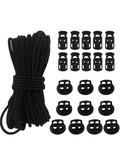 20pcs Plastic Cord Locks with 18Inch 50ft Elastic Cord Heavy Stretch Round String 10Pcs SingHole 10pcs DoubleHole Spring Toggle Stopper Slider Black 3mmBlack
