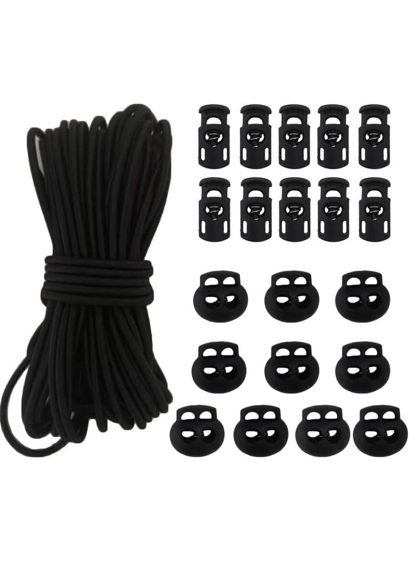 Joycoco 20pcs Plastic Cord Locks with 18Inch 50ft Elastic Cord Heavy Stretch Round String 10Pcs SingHole 10pcs DoubleHole Spring Toggle Stopper Slider Black 3mmBlack 