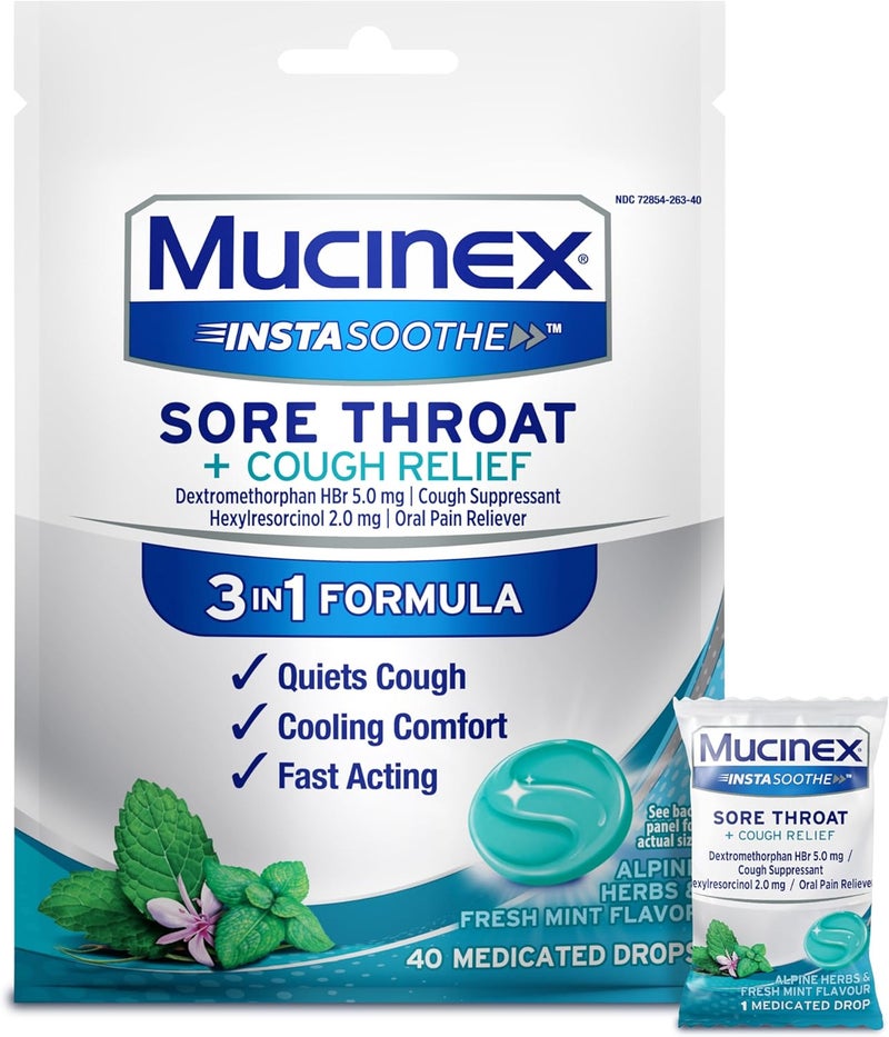 MUCINEX موسينكس إنستاسوتhe تخفيف التهاب الحلق + تخفيف السعال، أقراص التهاب الحلق، قطرات السعال مع ديكستروميثورفان HBr وهيكسيلريسورسينول، أعشاب الألب ونعناع طازج بنكهة قطرات الحلق الطبية، 40 حبة