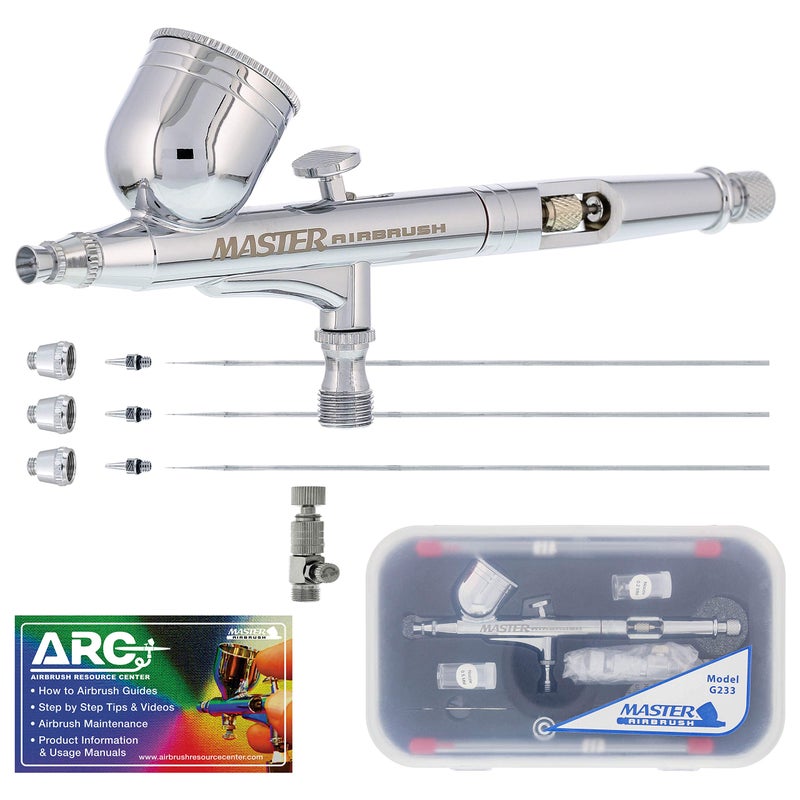 Master Airbrush مجموعة ماستر إيربروش G233 برو مع 3 مجموعات فوهات - إيربروش مزدوج العمل بتغذية الجاذبية مع مقبض مقطوع ودليل كيفية الاستخدام - Image 1
