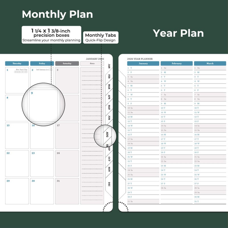 IN-LUXPRO Weekly Monthly 2026 Planner (Jan.26-Dec.26),6.5"x3.75",12 Months Agenda Plan with Month Tabs & Pocket,Expenses/Note Pages, Appointment Book Calendar with Hardcover Vegan Leather Cover,Green - Image 4