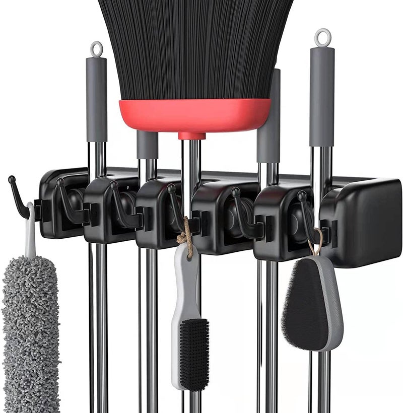 Kienlix Plastic Mop And Broom Holder Wall Mount Hanging Shelves Heavy Duty Broom Holder Wall Mounted Or Tool Organizer For Home Garden Garage And Storage 5 Positions With 6 Hooks Black