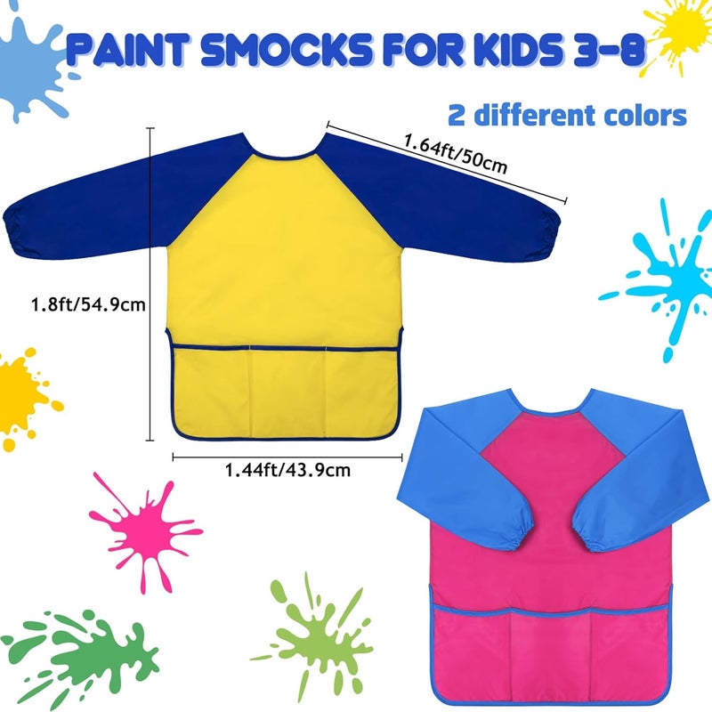 Bassion 2 Pack Kids Art Smock, Toddlers Painting Aprons Colorful Waterproof Artist Smock with Long Sleeve 3 Roomy Pockets - Image 2