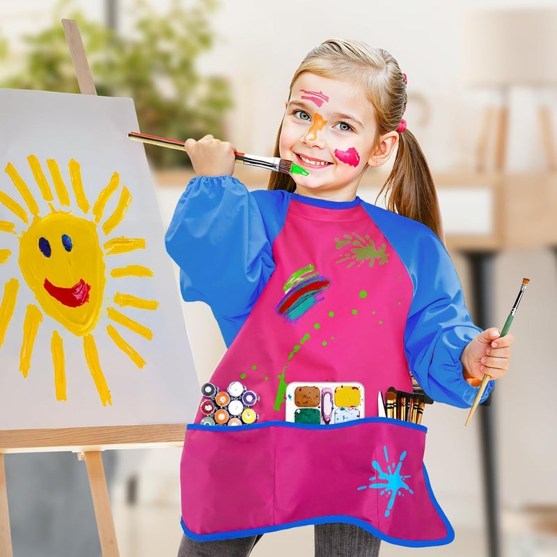 Bassion 2 Pack Kids Art Smock, Toddlers Painting Aprons Colorful Waterproof Artist Smock with Long Sleeve 3 Roomy Pockets - Image 3