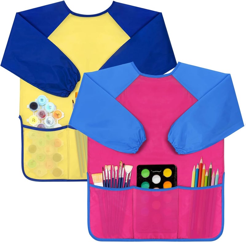Bassion 2 Pack Kids Art Smock, Toddlers Painting Aprons Colorful Waterproof Artist Smock with Long Sleeve 3 Roomy Pockets - Image 1
