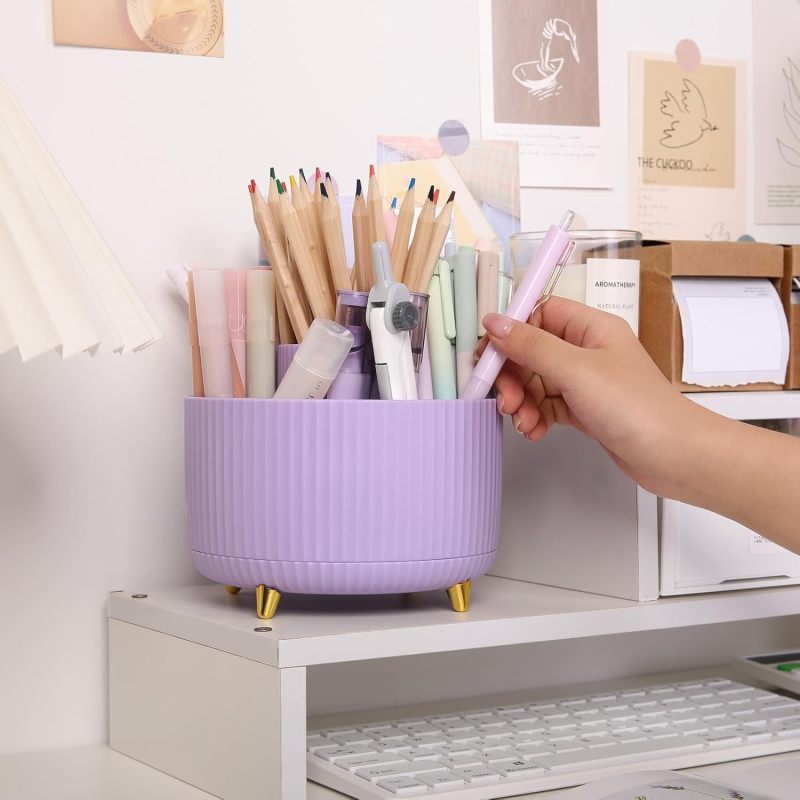 Rotating Pen Holder: 360-Degree Rotating Base Compact Pink Storage Rack - Space Saving Modern Aesthetics Desk Organizer for Home Office Vanity Studio Bathroom - Image 2