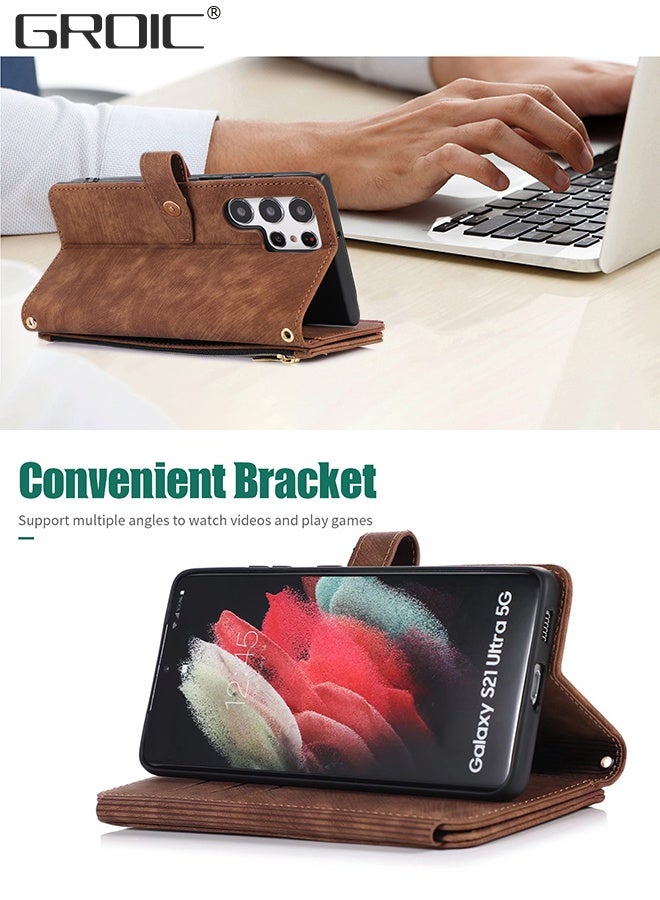 GROIC Case for Samsung Galaxy S23 Ultra 6.8 Inch Wallet Case, 9 Card Holder Slots and 1 Zipper Book Flip Wallet PU Leather Protective Cover Durable PU Leather Buckle Flip Strap Wrist Phone Cases - Image 3