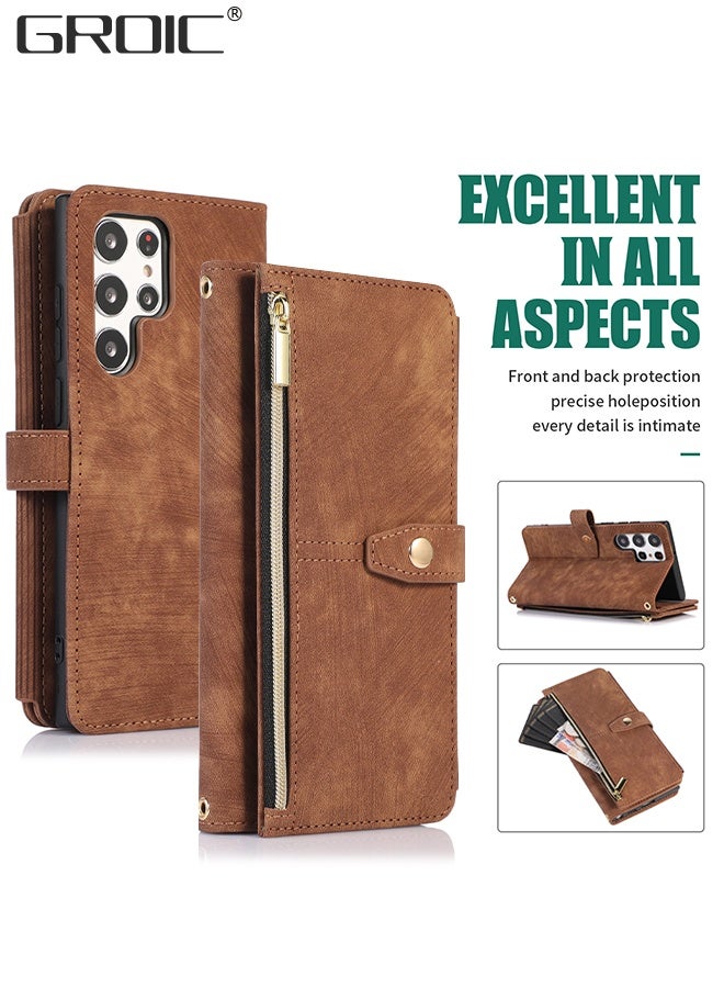 GROIC Case for Samsung Galaxy S23 Ultra 6.8 Inch Wallet Case, 9 Card Holder Slots and 1 Zipper Book Flip Wallet PU Leather Protective Cover Durable PU Leather Buckle Flip Strap Wrist Phone Cases - Image 1