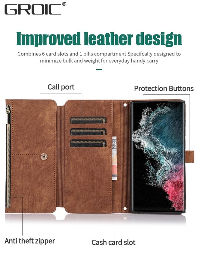 GROIC Case for Samsung Galaxy S23 Ultra 6.8 Inch Wallet Case, 9 Card Holder Slots and 1 Zipper Book Flip Wallet PU Leather Protective Cover Durable PU Leather Buckle Flip Strap Wrist Phone Cases - Image 2