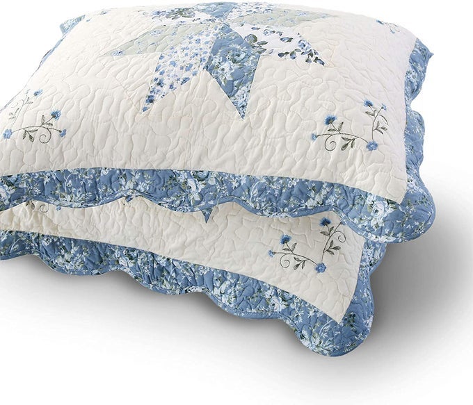 FARMHOUSE FLORAL DESIGN PILLOW COVERS COLORFUL SHABBY FLOWERS PRINT PILLOWCASES COTTON FABRIC SET OF 2 KING PATCHWORK PILLOW SHAMSBLUE 20X36IN