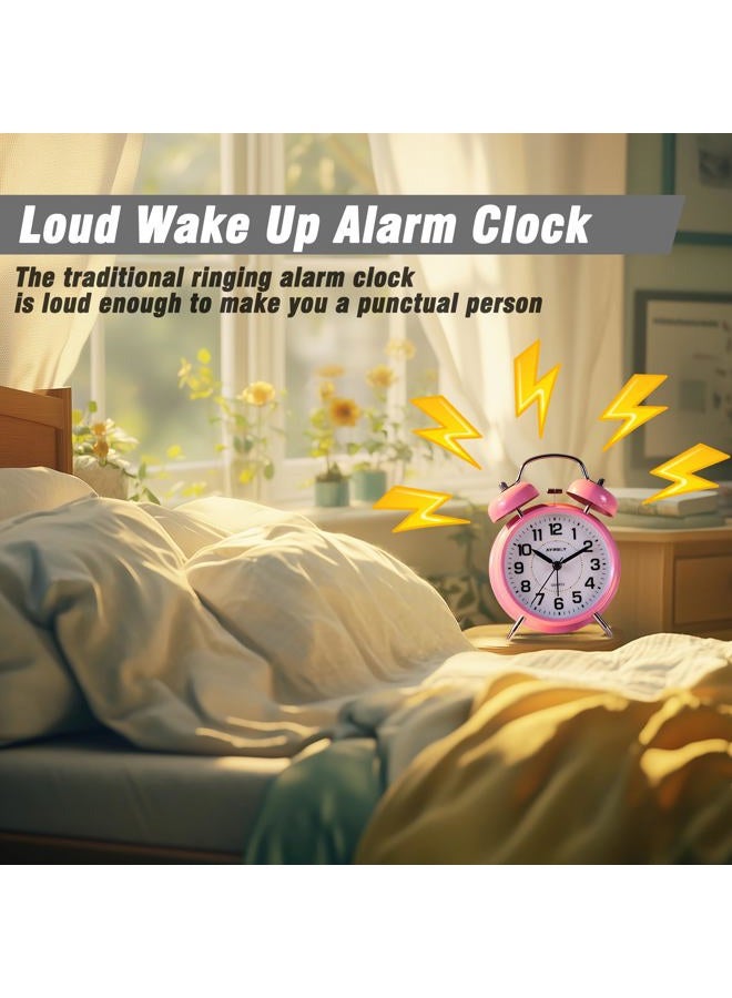 AYRELY Super Loud Alarm Clock for Heavy Sleepers Adults,Twin Bell Retro 4 Inch Silent Non-Ticking Quartz with Backlight, Metal dial, Alarm Clocks for Bedrooms Bedside (Pink) - Image 2