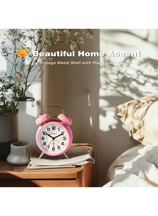 AYRELY Super Loud Alarm Clock for Heavy Sleepers Adults,Twin Bell Retro 4 Inch Silent Non-Ticking Quartz with Backlight, Metal dial, Alarm Clocks for Bedrooms Bedside (Pink) - Image 4