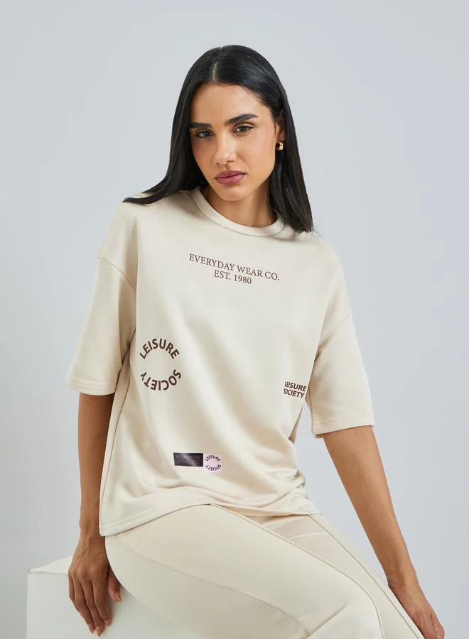 Styli Cream Oversized Placement Print Terry T-Shirt