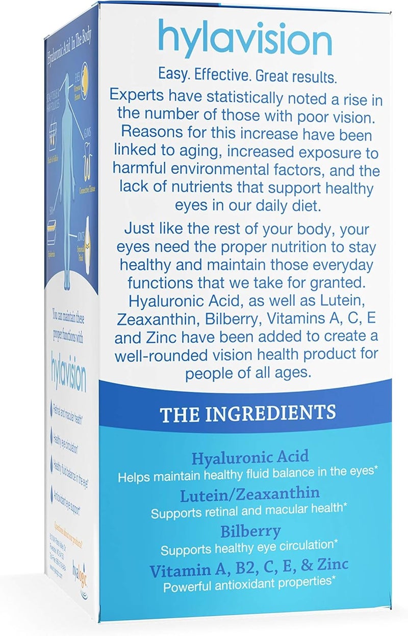 Hyalogic HylaVision Eye Health Supplements Hyaluronic Acid Lutein and Zeaxanthin Dietary Supplements for Vision Support 120 Capsules Vegan Formula by Hyalogic - Image 3