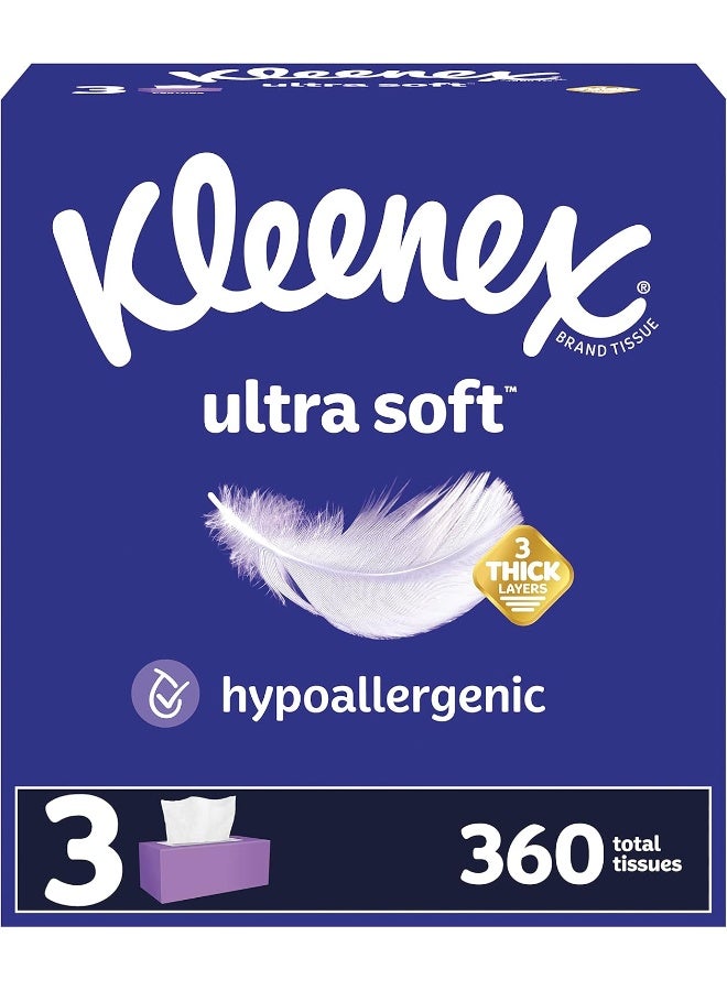 Kleenex Ultra Soft Facial Tissues, 3 Flat Boxes, 120 Tissues per Box, 3-Ply - Image 1