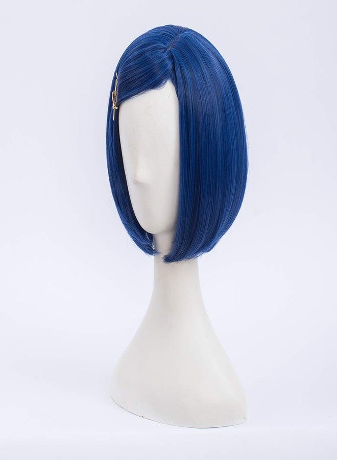 MORTICIA Short Straight Blue Women Bob Full Bang Girls Wig with Gold Dragonfly Hairpin (Kid) - Image 3