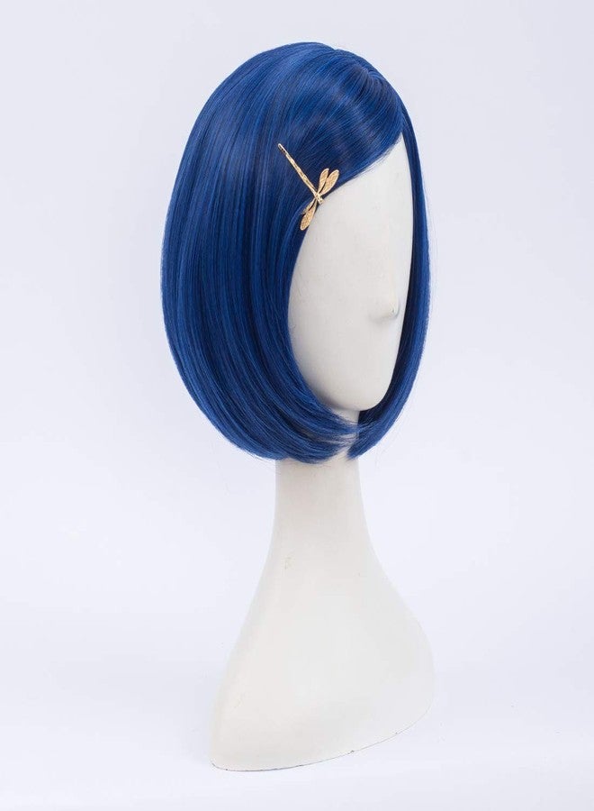 MORTICIA Short Straight Blue Women Bob Full Bang Girls Wig with Gold Dragonfly Hairpin (Kid) - Image 4