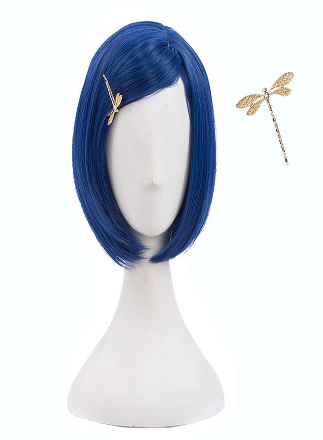 MORTICIA Short Straight Blue Women Bob Full Bang Girls Wig with Gold Dragonfly Hairpin (Kid) - Image 1
