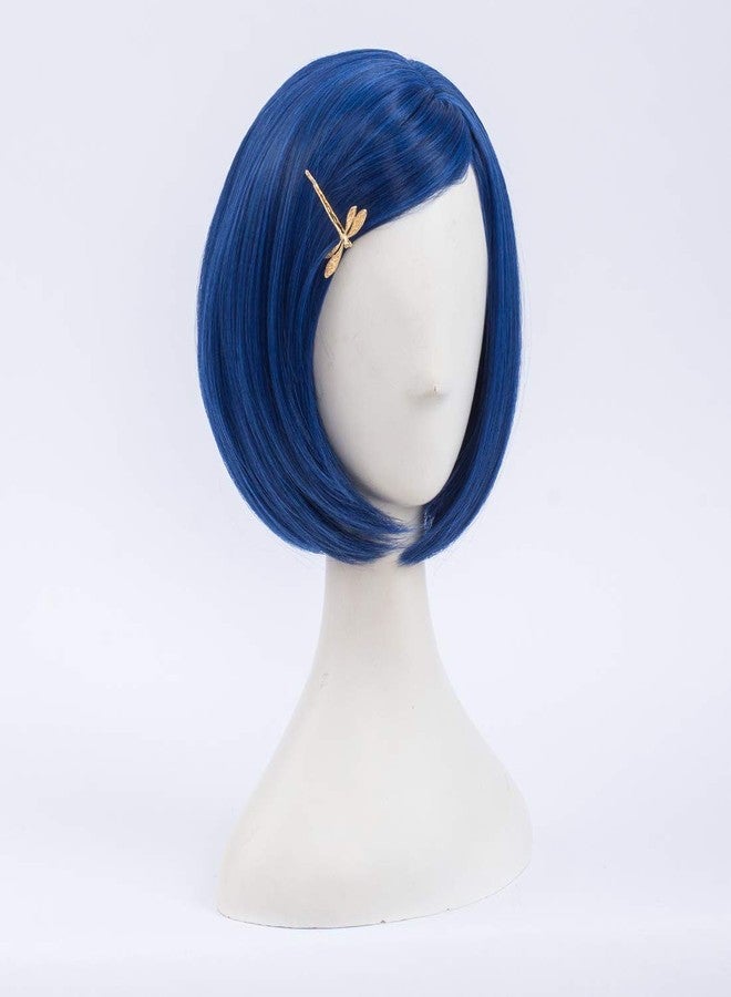 MORTICIA Short Straight Blue Women Bob Full Bang Girls Wig with Gold Dragonfly Hairpin (Kid) - Image 2