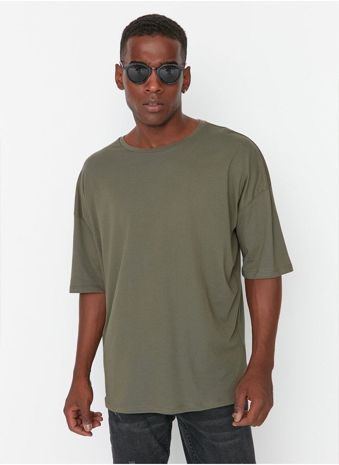 trendyol Khaki Oversize/Wide Cut Crew Neck Floral Printed 100% Cotton T-Shirt  - Image 2