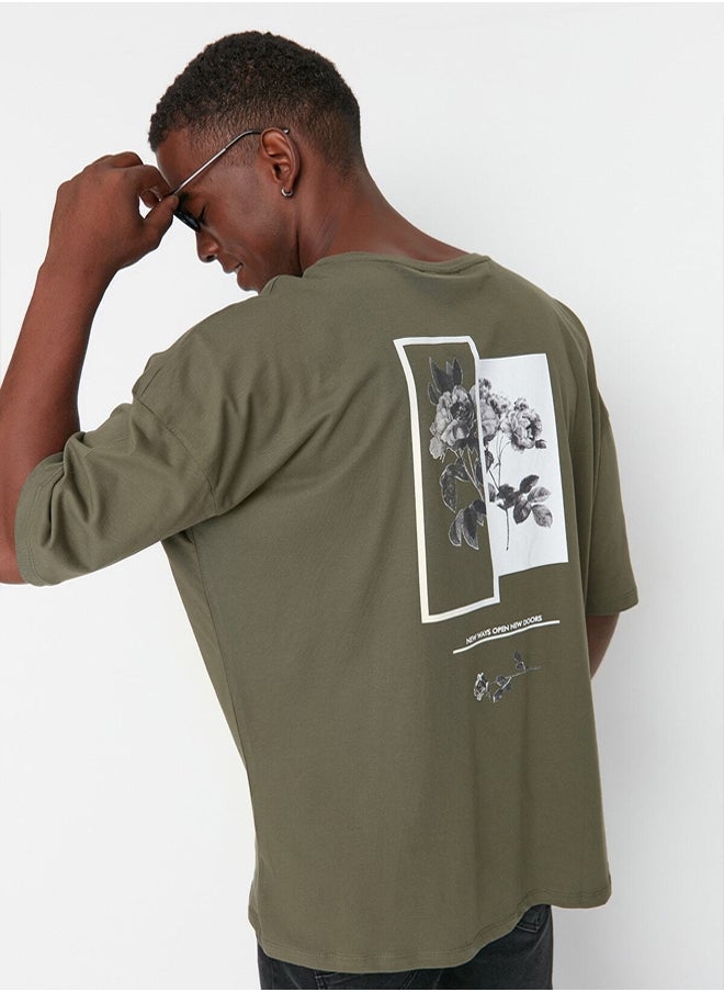 trendyol Khaki Oversize/Wide Cut Crew Neck Floral Printed 100% Cotton T-Shirt  - Image 3