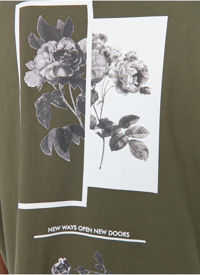 trendyol Khaki Oversize/Wide Cut Crew Neck Floral Printed 100% Cotton T-Shirt  - Image 4