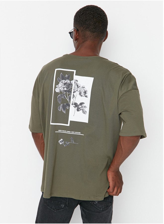 trendyol Khaki Oversize/Wide Cut Crew Neck Floral Printed 100% Cotton T-Shirt  - Image 1