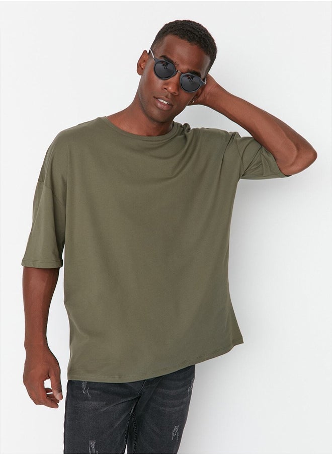 trendyol Khaki Oversize/Wide Cut Crew Neck Floral Printed 100% Cotton T-Shirt  - Image 5