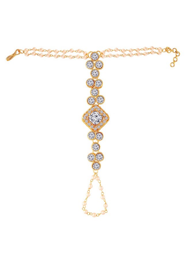 I Jewels I Jewels Traditional Gold Plated Pearl Hath Punja Bracelet with Ring for Women (PIJ015W)  - Image 1