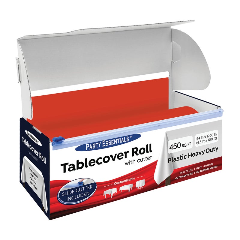 Party Essentials Heavy Duty Plastic Banquet Table Roll Available in 27 Colors 54 x 100 with Slide Cutter Red